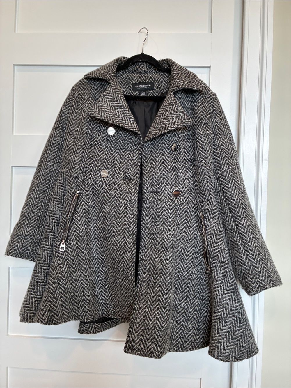 Liz Claiborne Black and Gray Herringbone Pea Coat with Silver Buttons